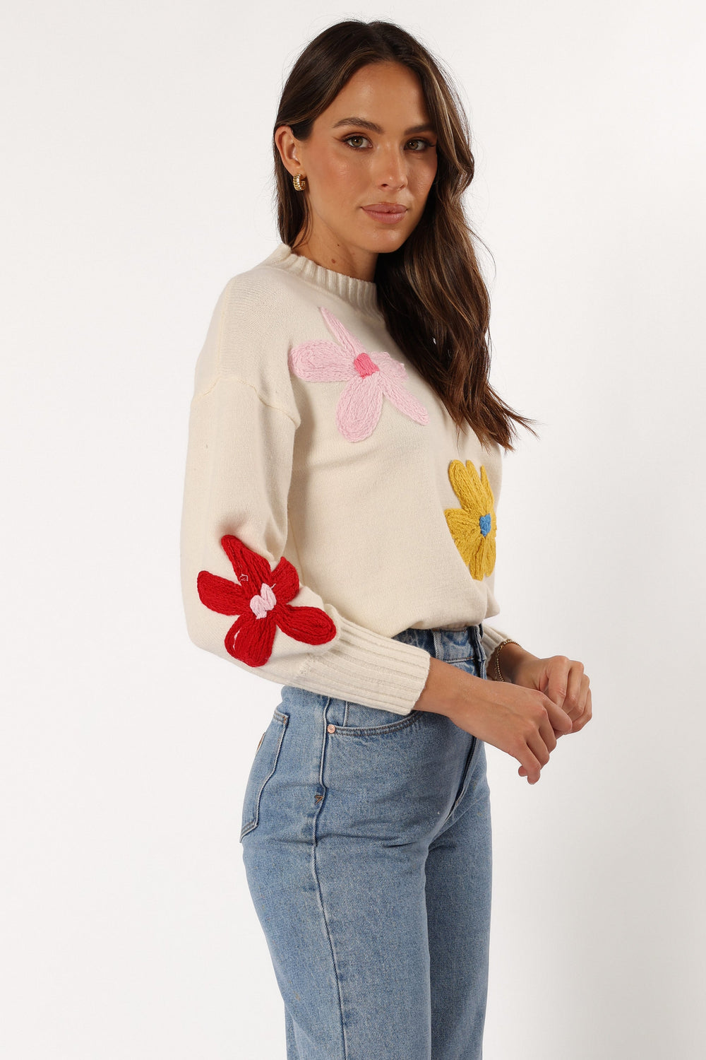 KNITWEAR @Raelynn Multi Color Flower Knit Sweater - Cream
