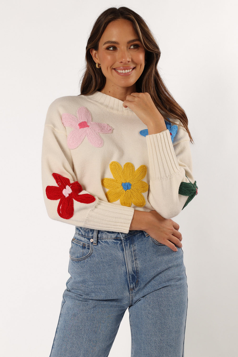 KNITWEAR @Raelynn Multi Color Flower Knit Sweater - Cream