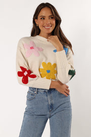 KNITWEAR @Raelynn Multi Color Flower Knit Sweater - Cream