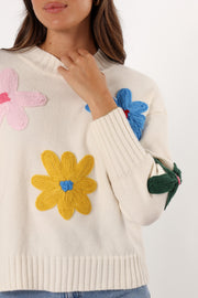 KNITWEAR @Raelynn Multi Color Flower Knit Sweater - Cream