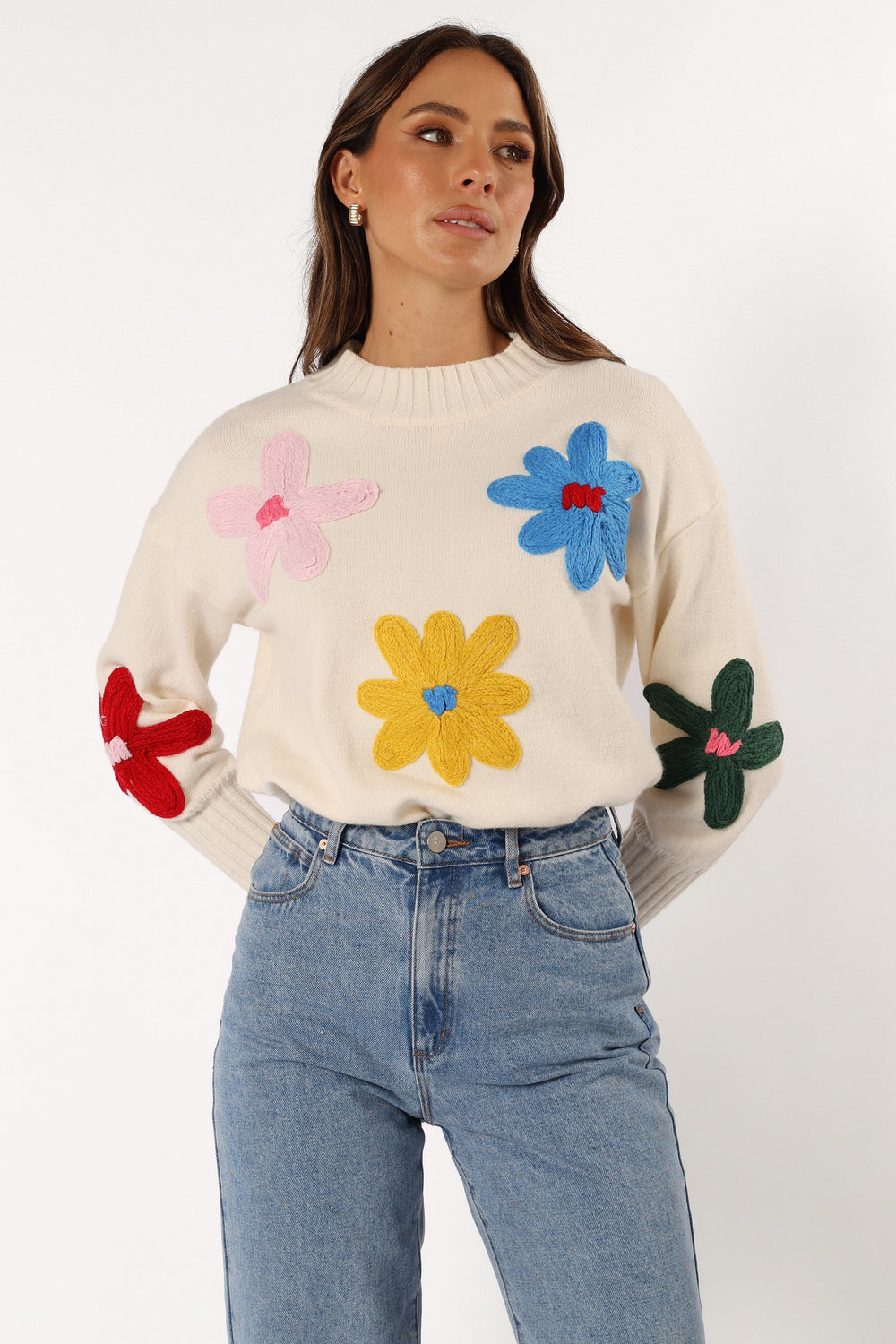 KNITWEAR @Raelynn Multi Color Flower Knit Sweater - Cream