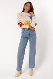 KNITWEAR @Raelynn Multi Color Flower Knit Sweater - Cream