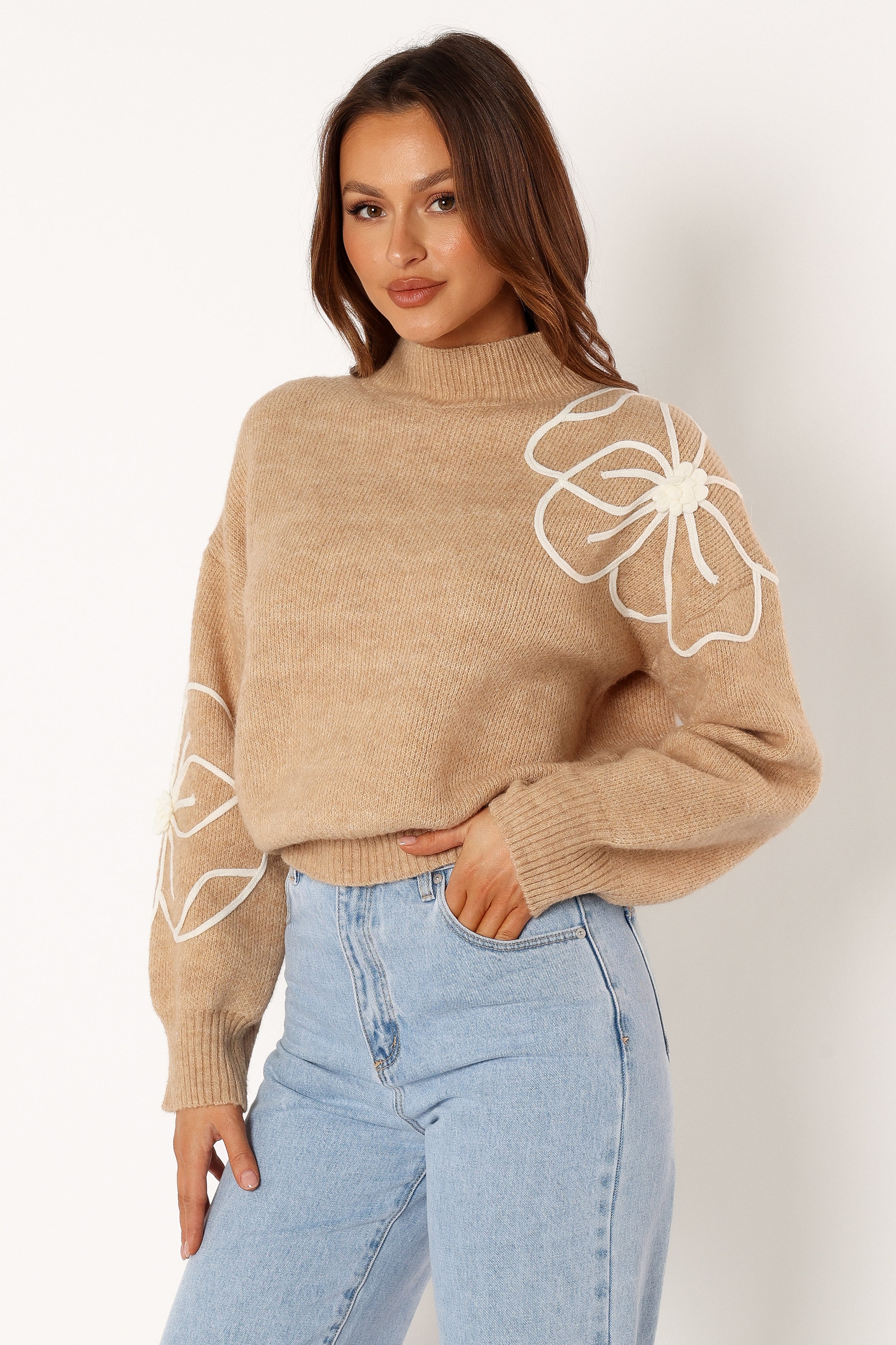 KNITWEAR @Rebecca Flower Embroidery Mockneck Knit Sweater - Taupe