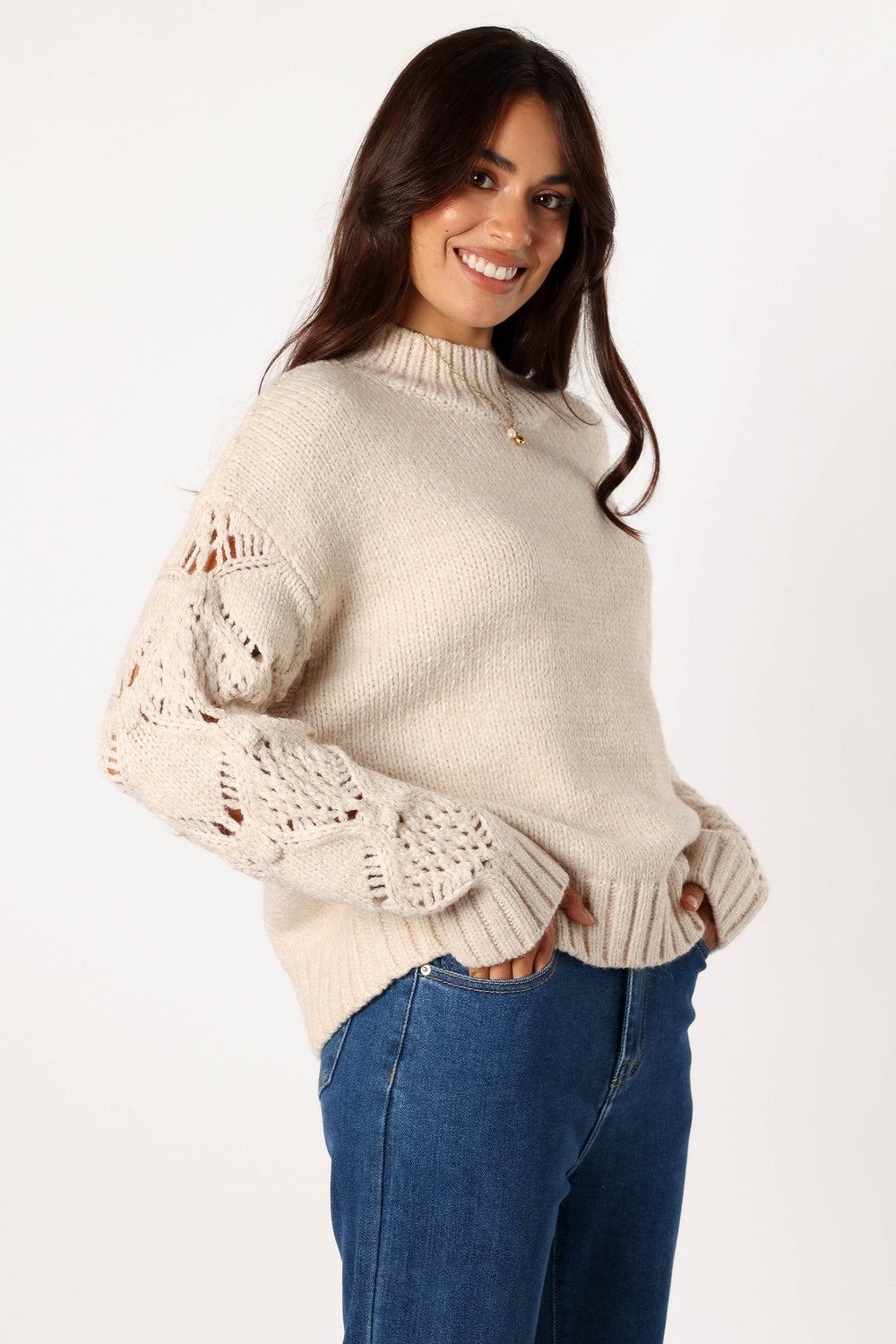 KNITWEAR @Rebekah Crochet Sleeve Knit Sweater - Cream