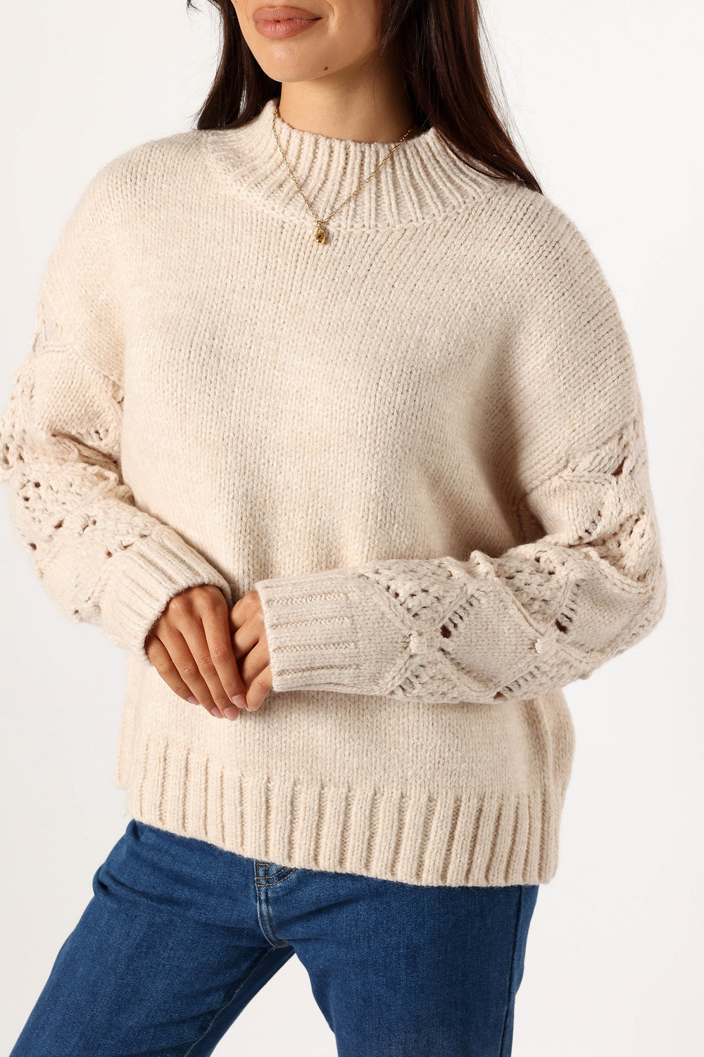KNITWEAR @Rebekah Crochet Sleeve Knit Sweater - Cream