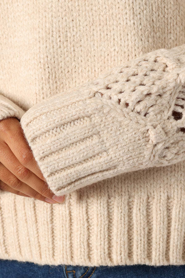 KNITWEAR @Rebekah Crochet Sleeve Knit Sweater - Cream