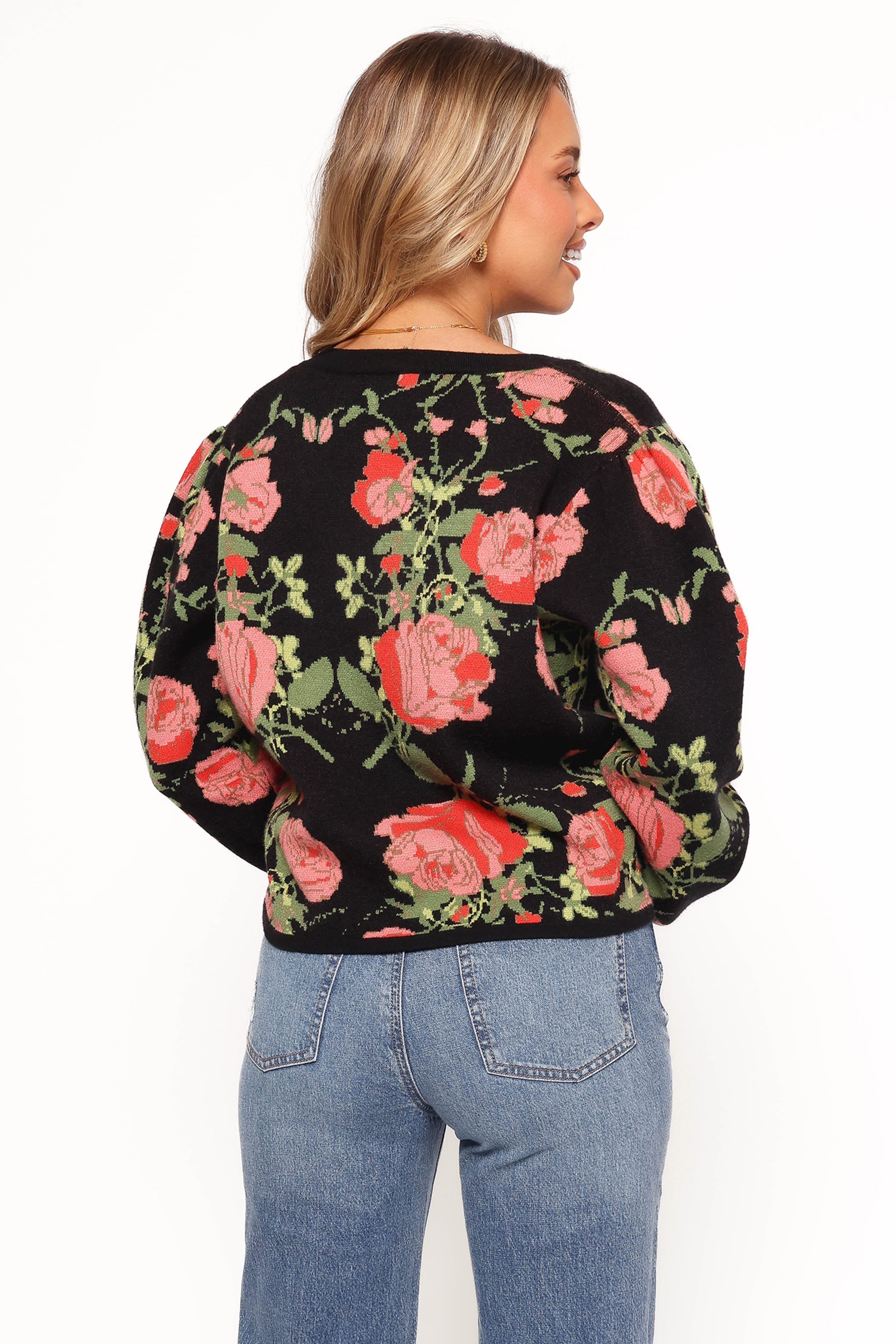 KNITWEAR Reeva Button Front Floral Cardigan - Black Floral