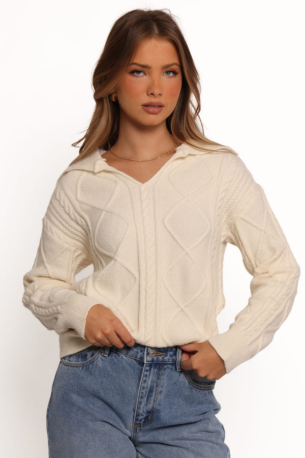 KNITWEAR Robbie Collar Neck Cable Knit Sweater - Cream