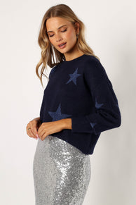KNITWEAR @Rosalina Crewneck Shimmer Star Knit Sweater - Navy