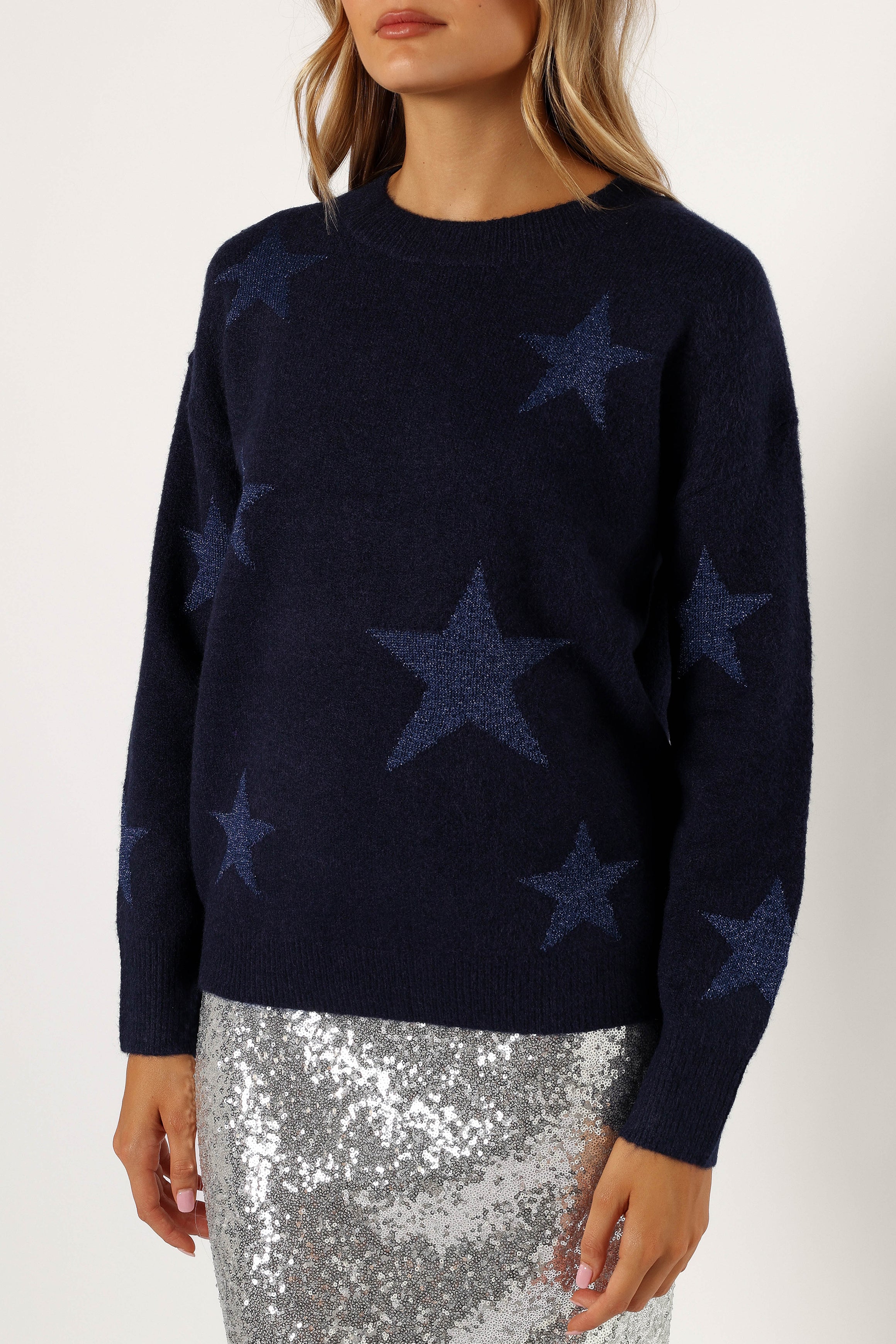 KNITWEAR @Rosalina Crewneck Shimmer Star Knit Sweater - Navy