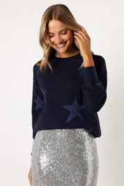 KNITWEAR @Rosalina Crewneck Shimmer Star Knit Sweater - Navy