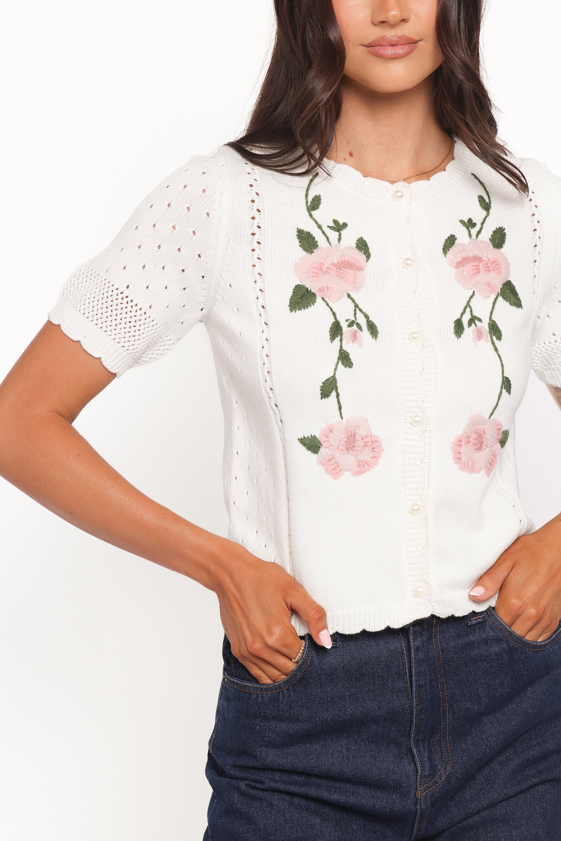 KNITWEAR Rossi Floral Button Up Cardigan - White/Pink