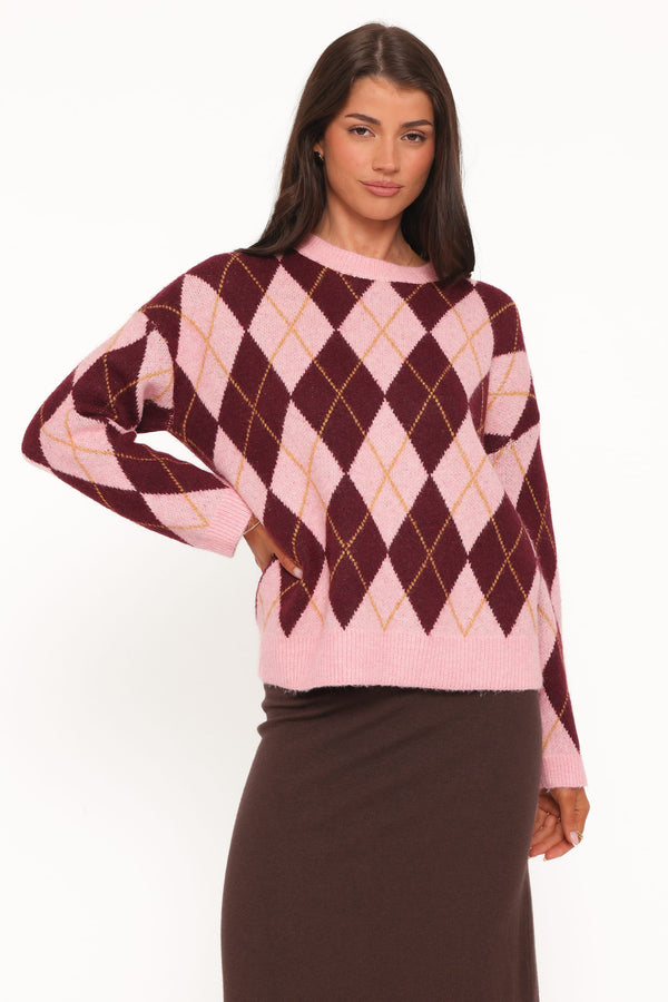 KNITWEAR Rowet Intarsia Knit Jumper - Pink Burgundy