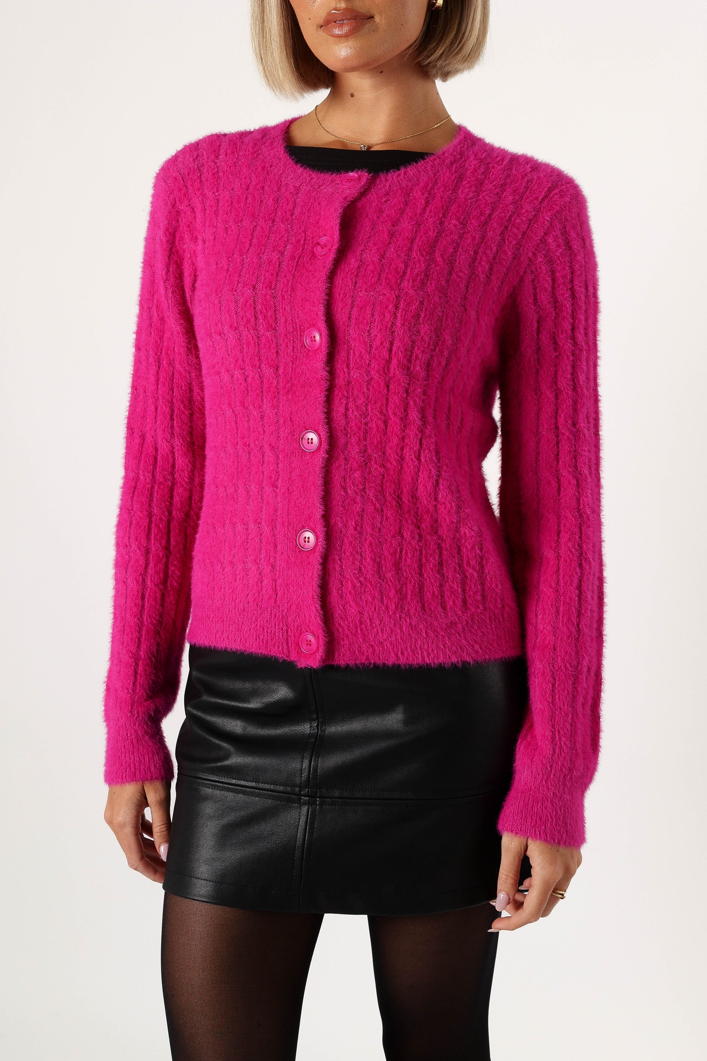 KNITWEAR @Ryann Button Front Cardigan - Magenta
