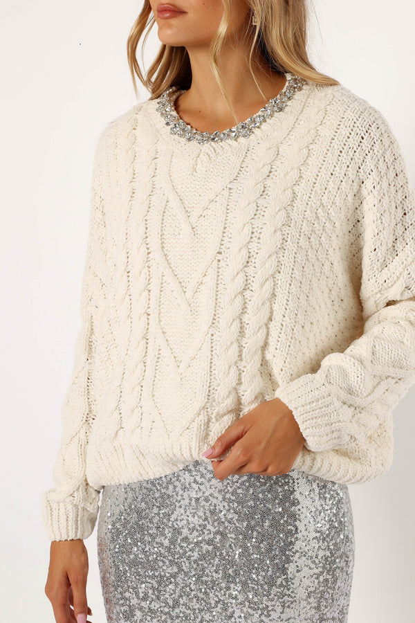 KNITWEAR @Ryleigh Jewel Embellished Crewneck Knit Sweater - Cream