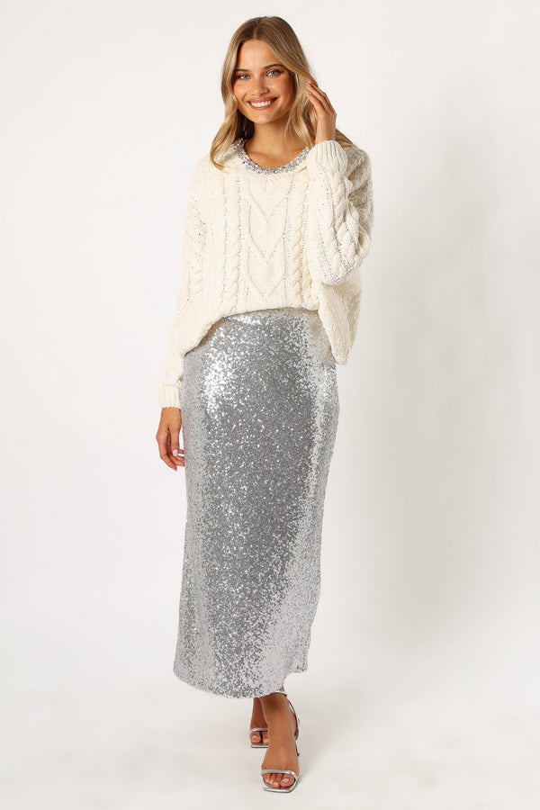 KNITWEAR @Ryleigh Jewel Embellished Crewneck Knit Sweater - Cream