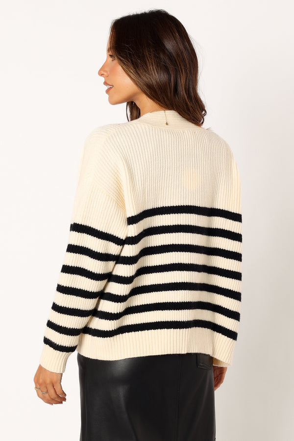 KNITWEAR @Sapphire Striped Button Front Cardigan - Beige Black