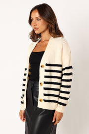 KNITWEAR @Sapphire Striped Button Front Cardigan - Beige Black