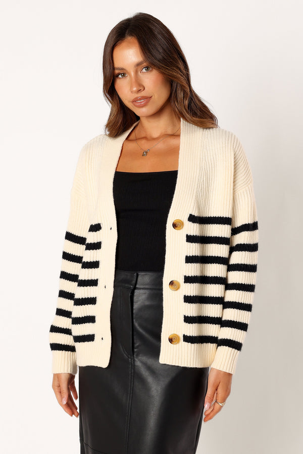 KNITWEAR @Sapphire Striped Button Front Cardigan - Beige Black