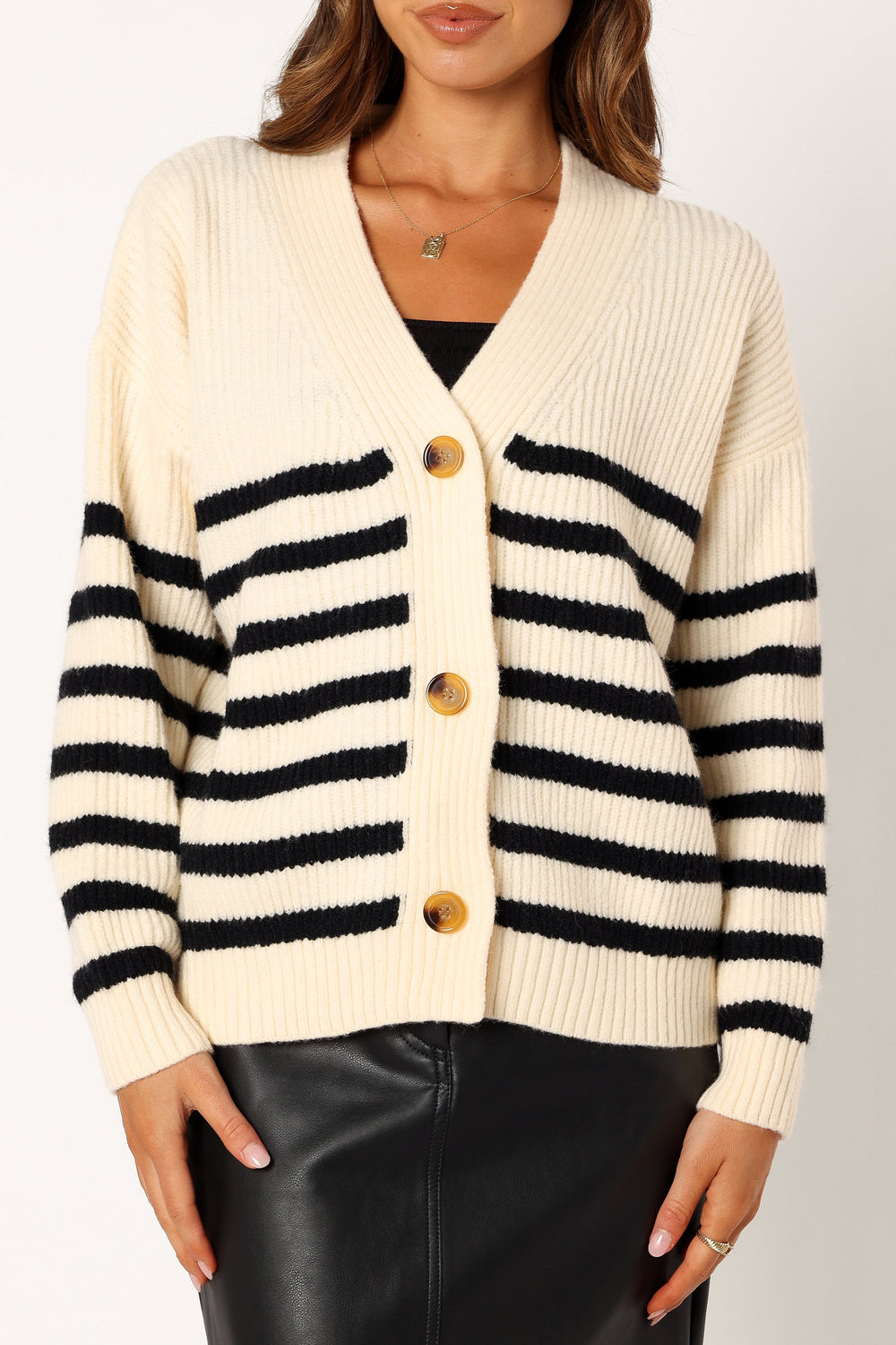 KNITWEAR @Sapphire Striped Button Front Cardigan - Beige Black