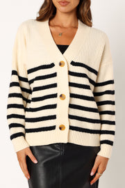 KNITWEAR @Sapphire Striped Button Front Cardigan - Beige Black