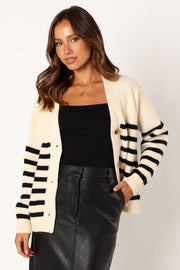 KNITWEAR @Sapphire Striped Button Front Cardigan - Beige Black