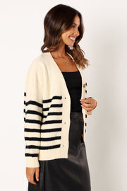 KNITWEAR @Sapphire Striped Button Front Cardigan - Beige Black