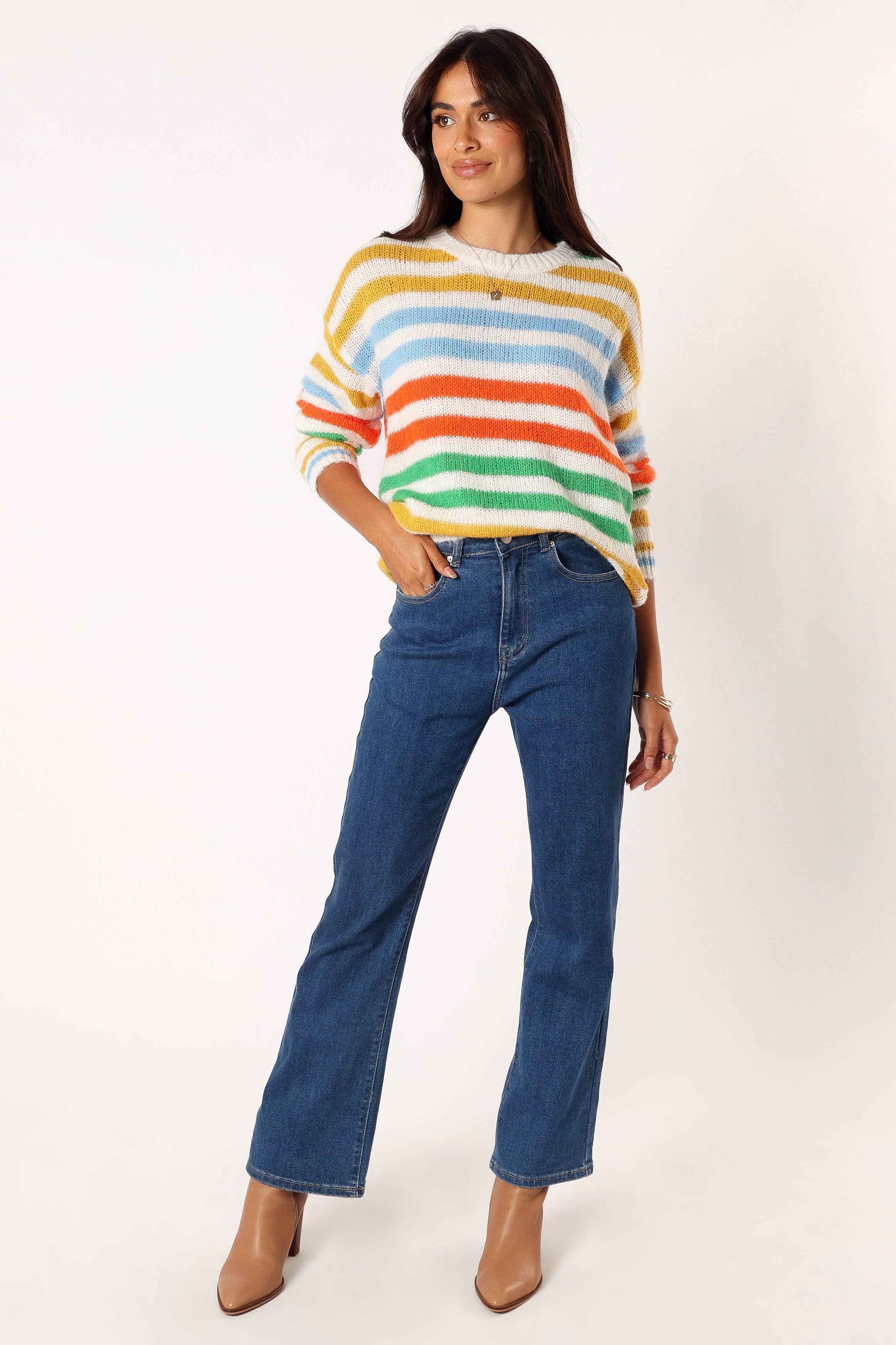 KNITWEAR @Sasha Multi Stripe Crewneck Knit Sweater - Multi