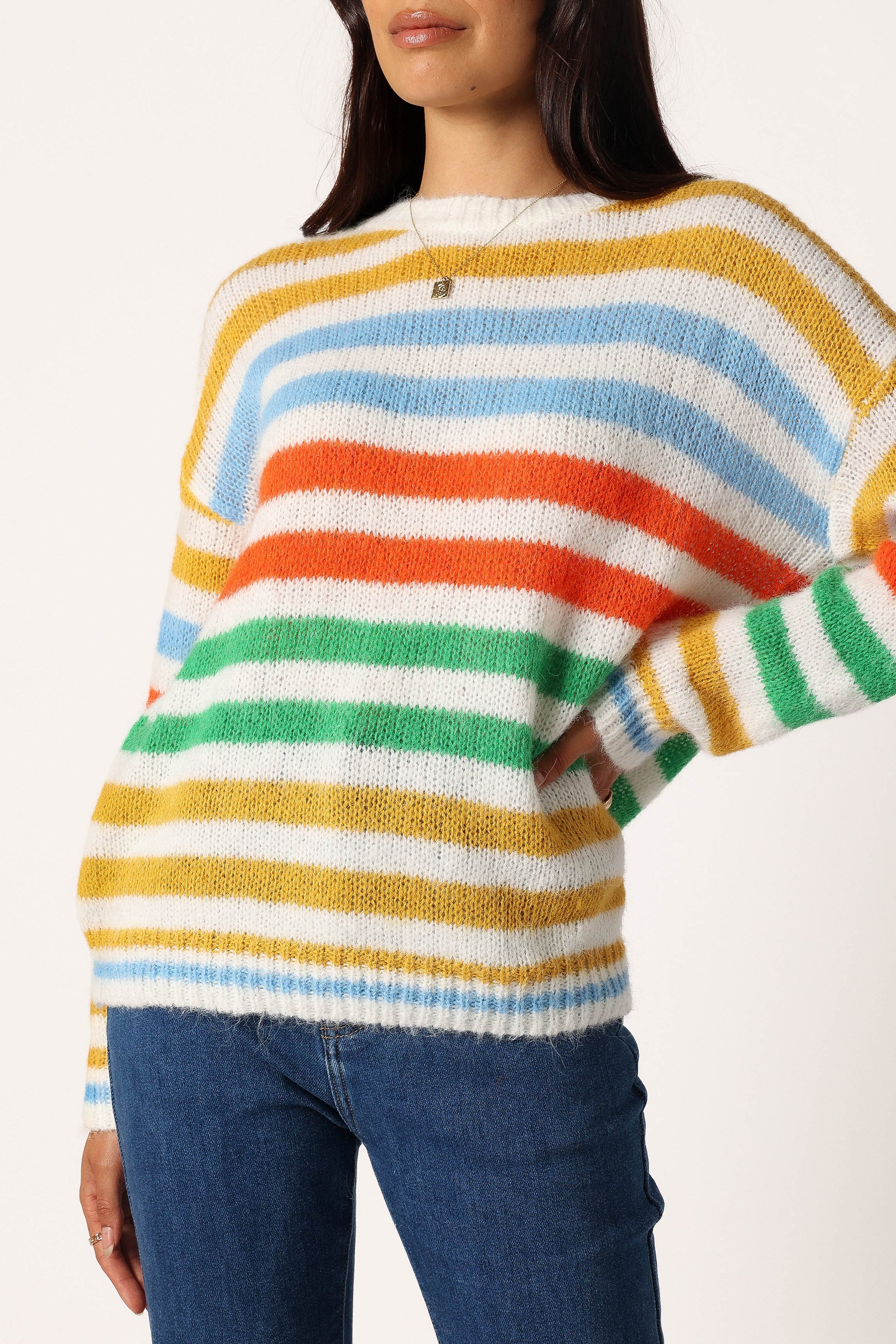 KNITWEAR @Sasha Multi Stripe Crewneck Knit Sweater - Multi