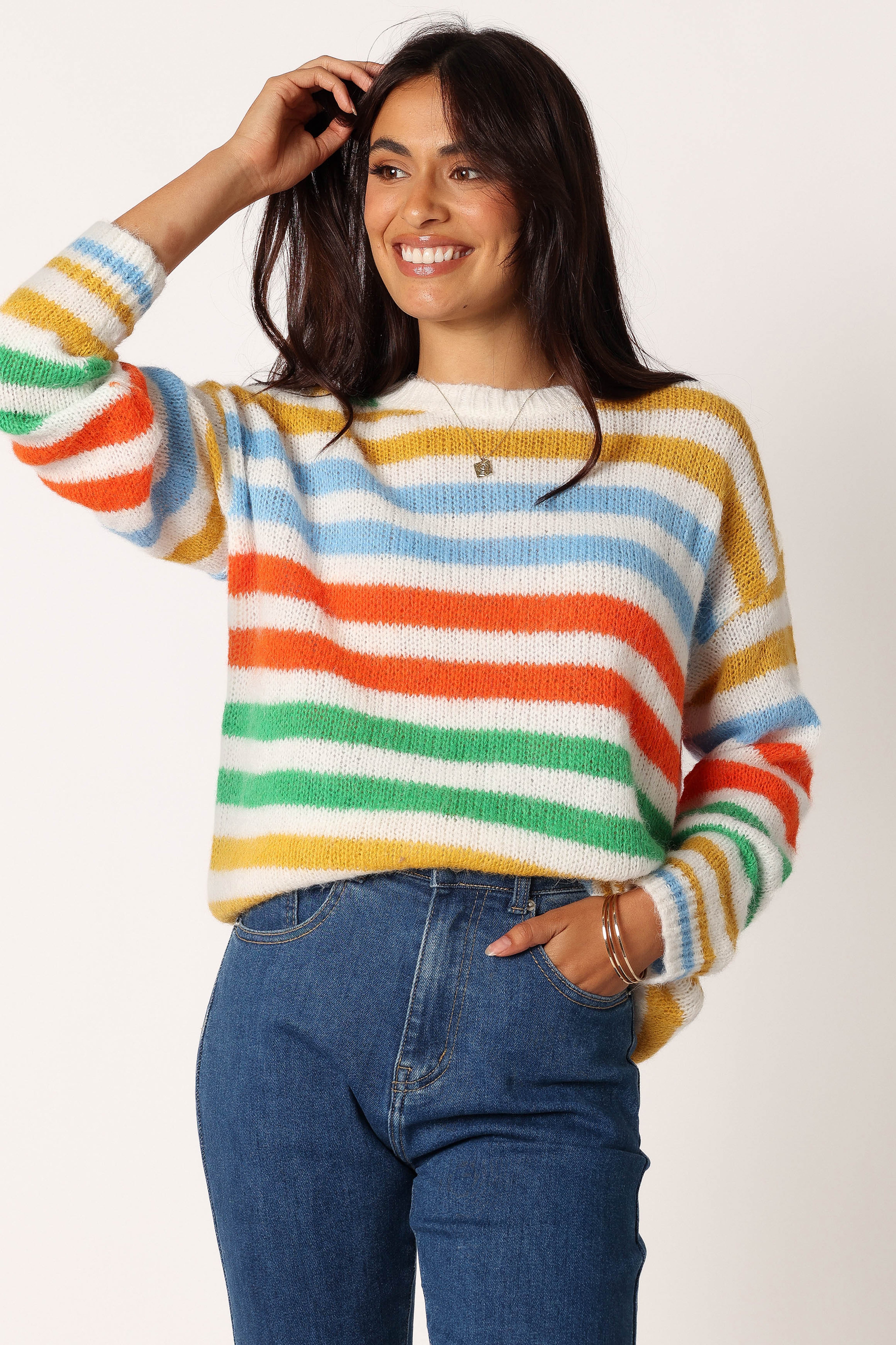 KNITWEAR @Sasha Multi Stripe Crewneck Knit Sweater - Multi
