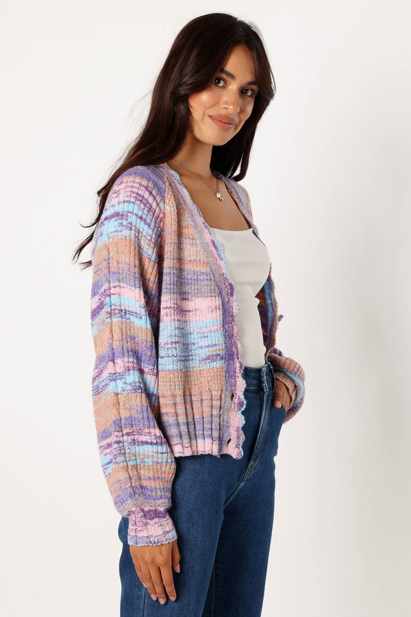 KNITWEAR @Scallop Edge Button Front Cardigan - Lavender Multi