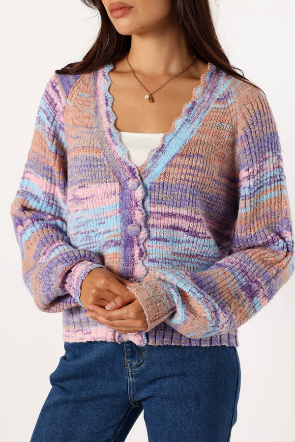 KNITWEAR @Scallop Edge Button Front Cardigan - Lavender Multi