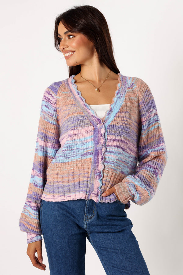 KNITWEAR @Scallop Edge Button Front Cardigan - Lavender Multi