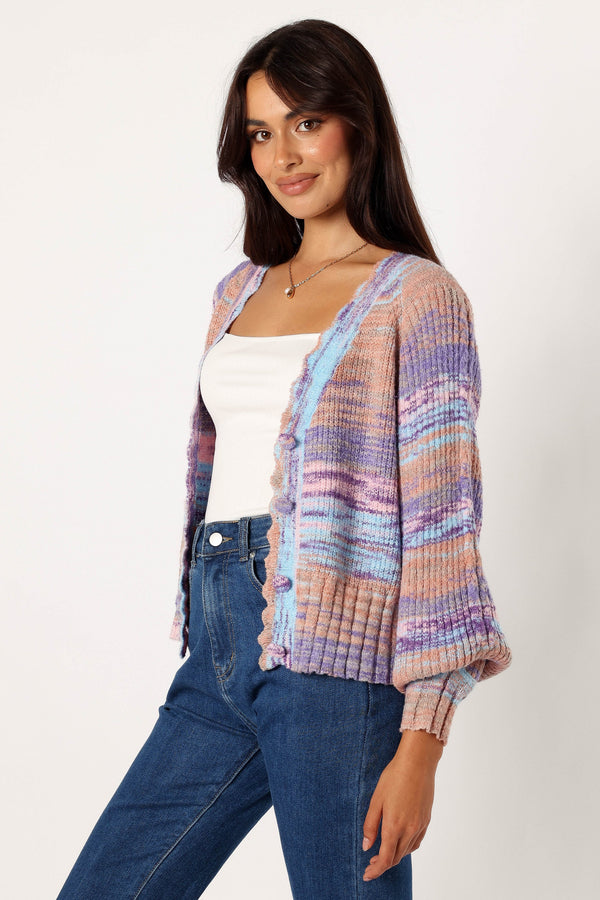 KNITWEAR @Scallop Edge Button Front Cardigan - Lavender Multi