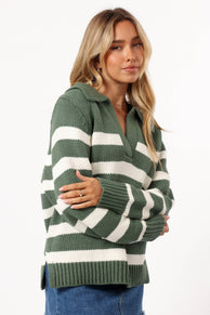 KNITWEAR @Shea Striped Collar Knit Sweater - Khaki White
