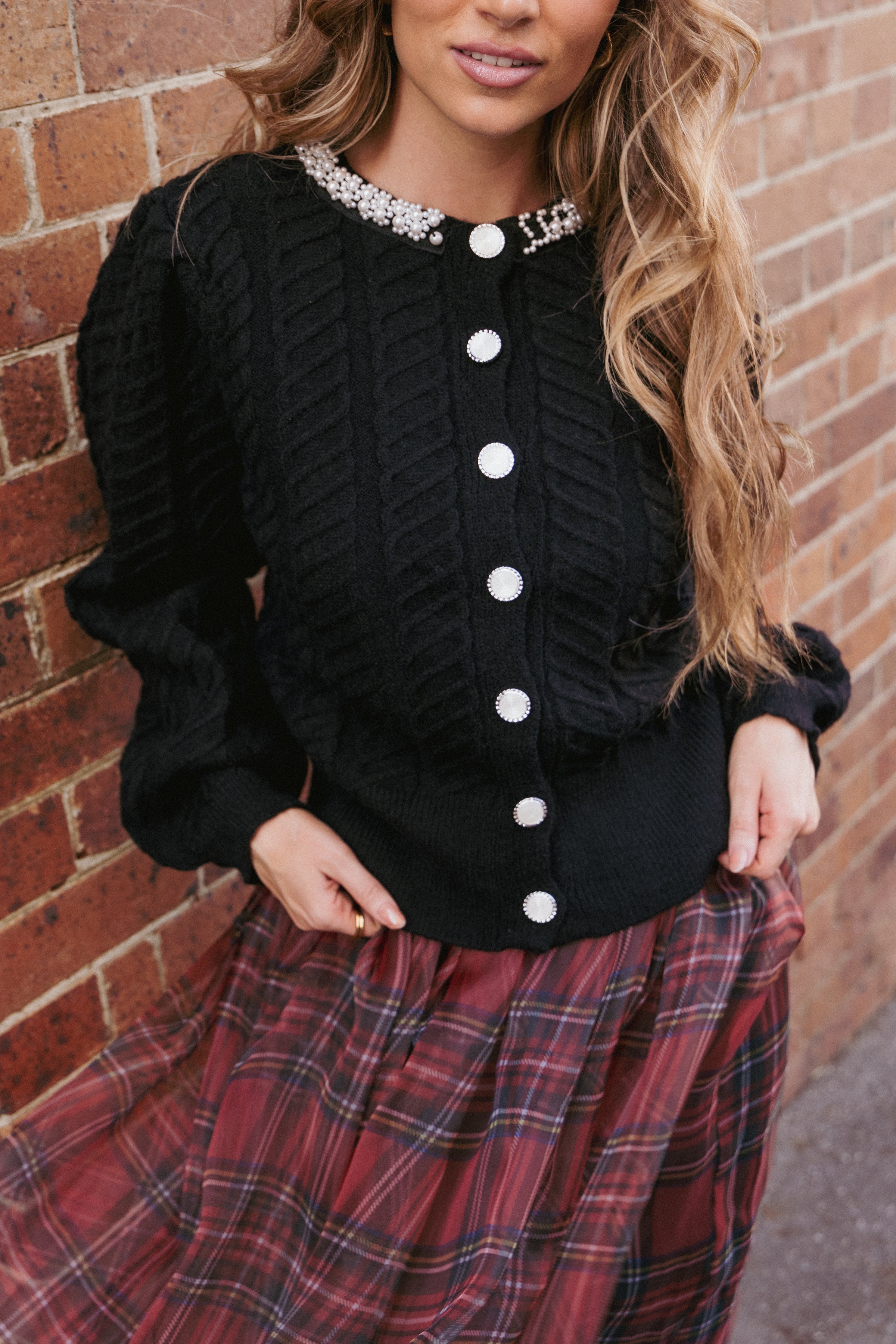KNITWEAR Sheena Rhinestone Collar Holiday Cardigan - Black