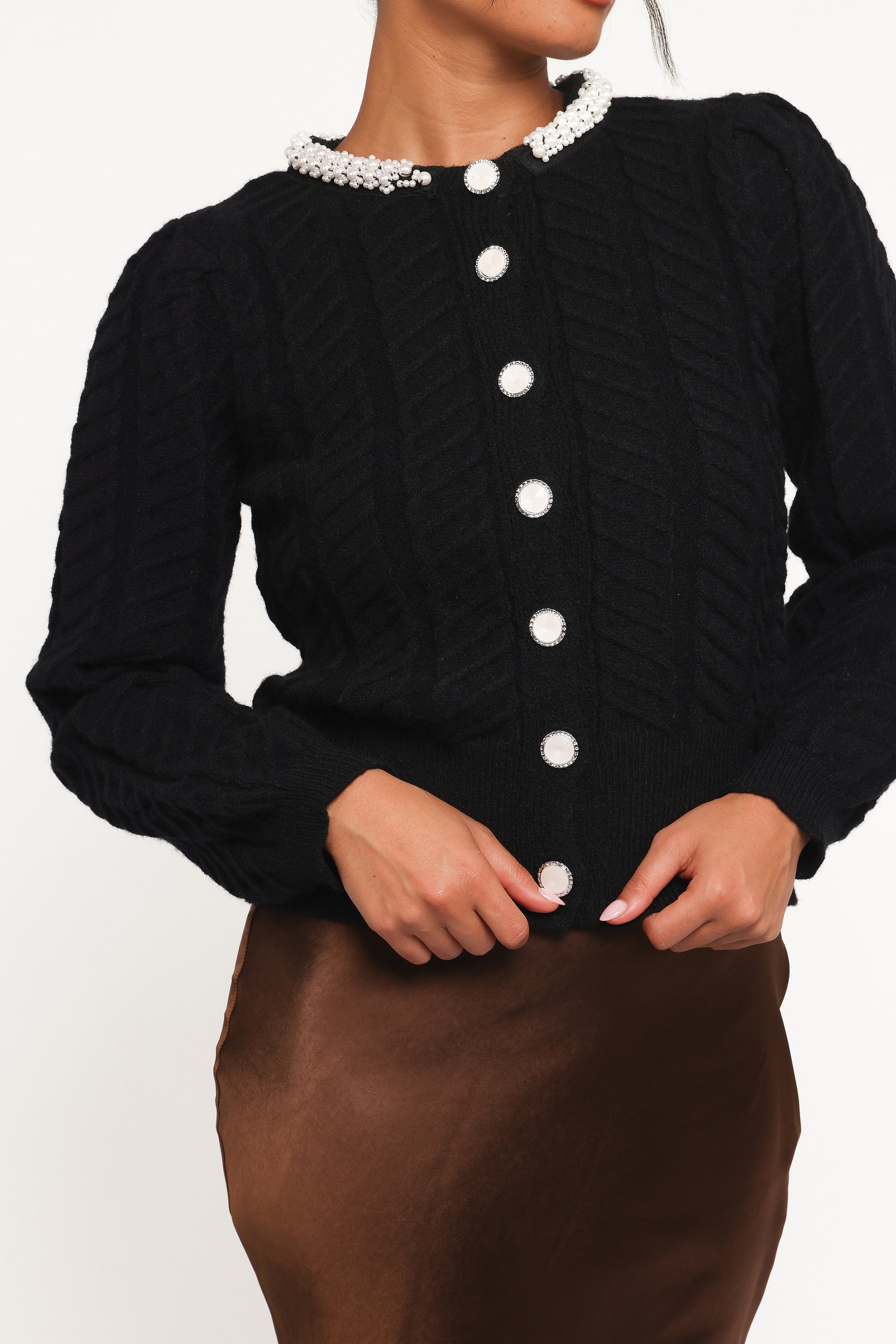 KNITWEAR Sheena Rhinestone Collar Holiday Cardigan - Black