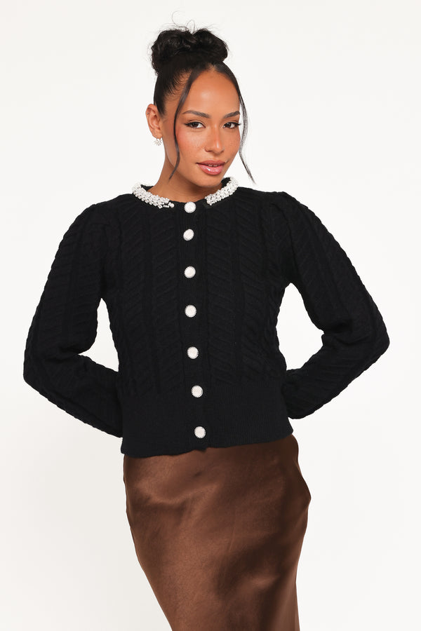 KNITWEAR Sheena Rhinestone Collar Holiday Cardigan - Black