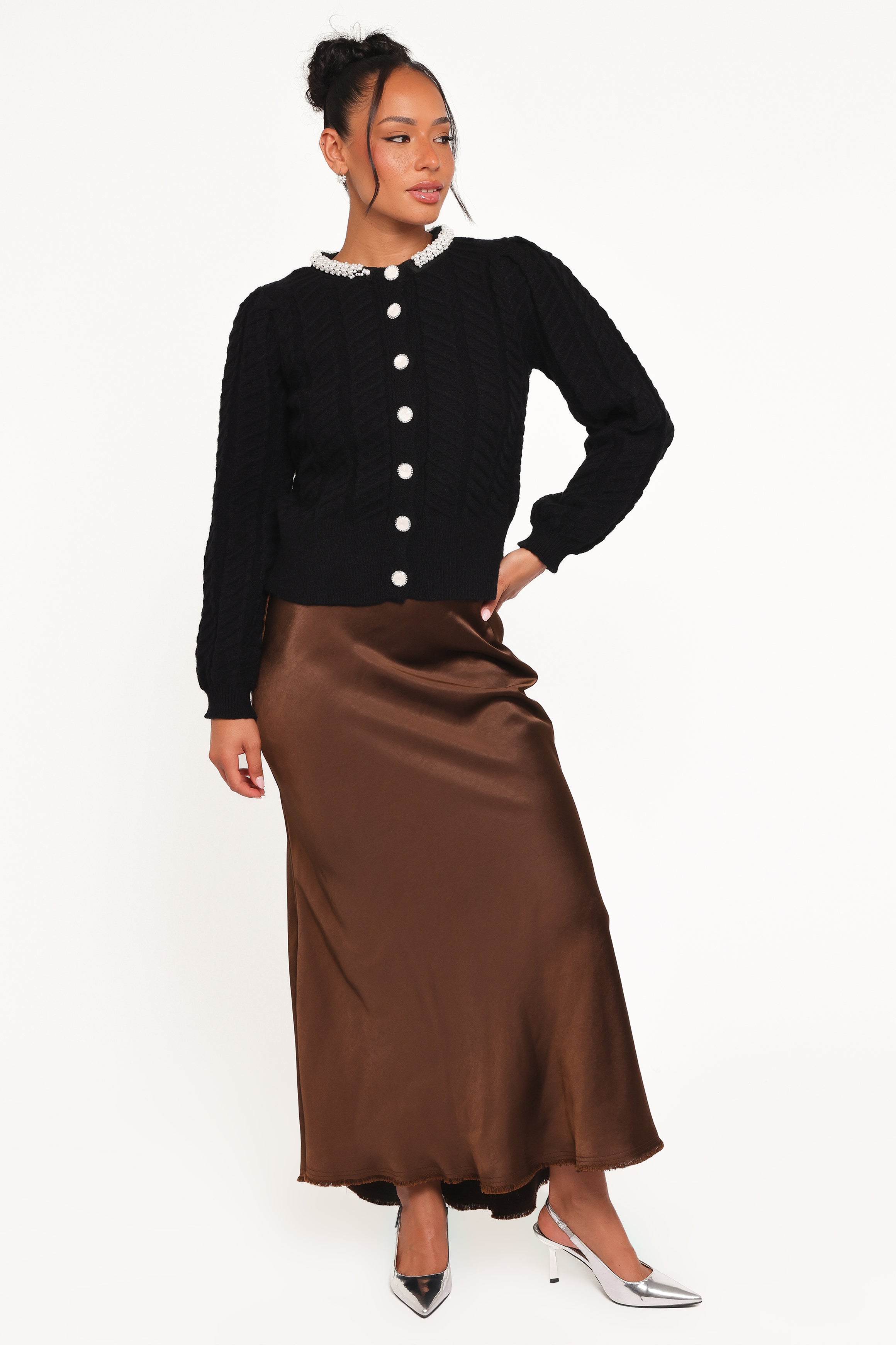 KNITWEAR Sheena Rhinestone Collar Holiday Cardigan - Black