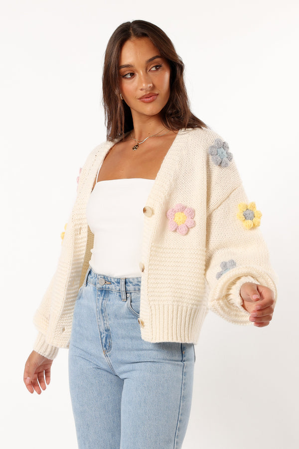 KNITWEAR Sienna Flower Cardigan - Cream