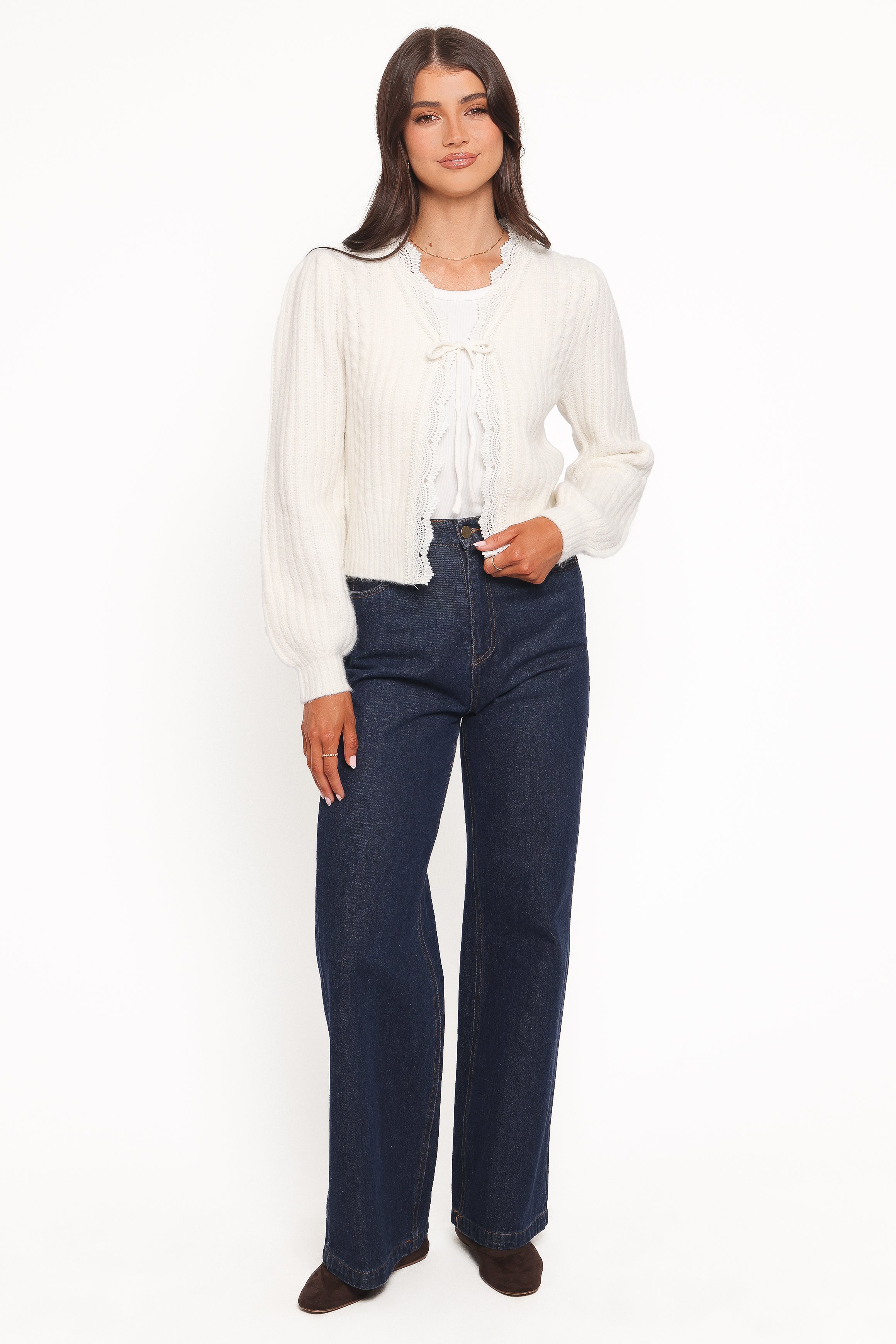 KNITWEAR Silvie Lace Front Tie Cardigan - Cream