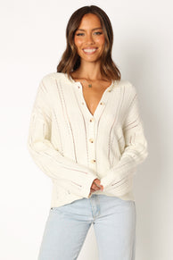 KNITWEAR @Simone Button Front Collar Knit Sweater - White