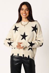KNITWEAR @Star Printed Fray Detail Knit Sweater - Cream/Black