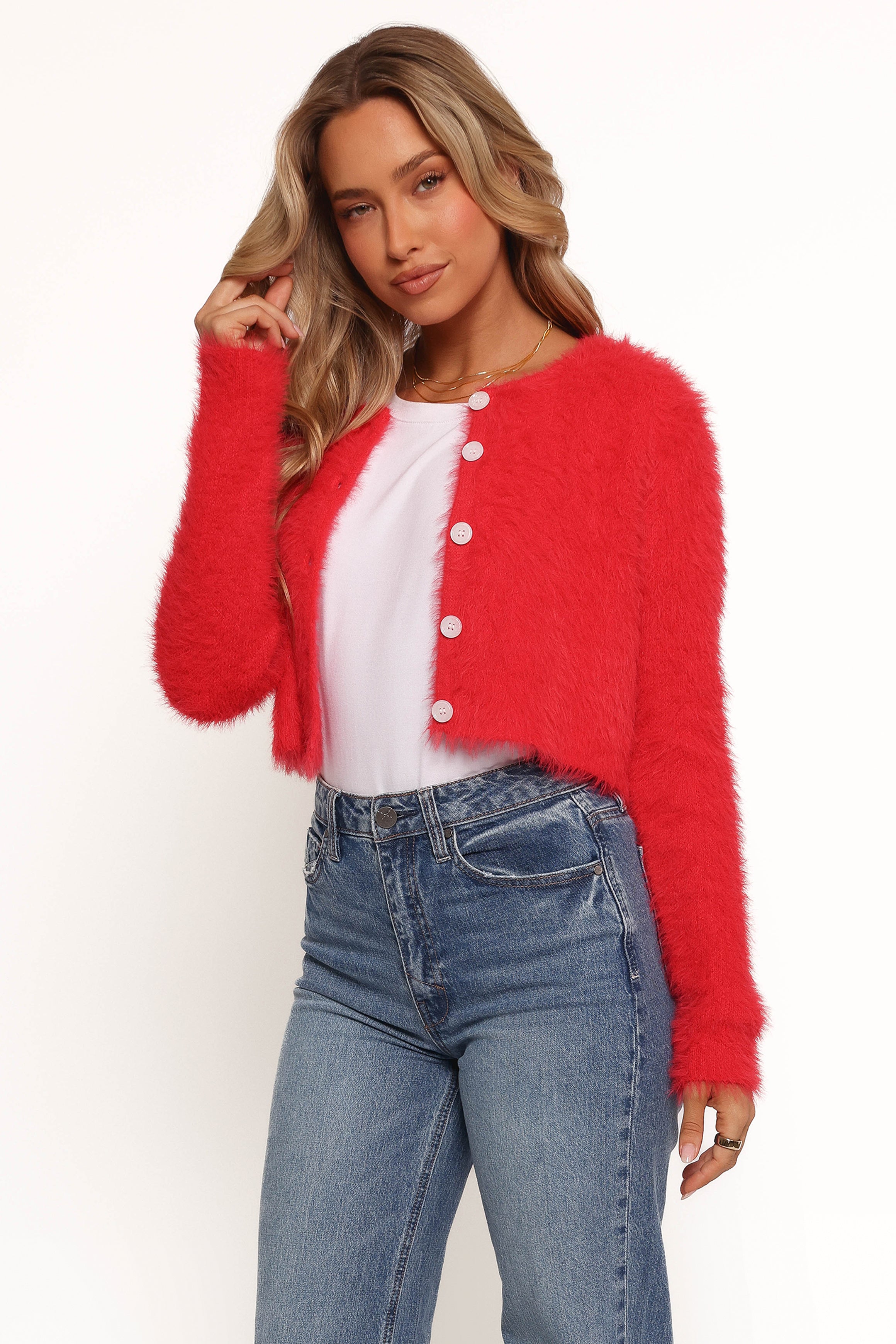 KNITWEAR Tavan Crop Button Front Cardigan - Red