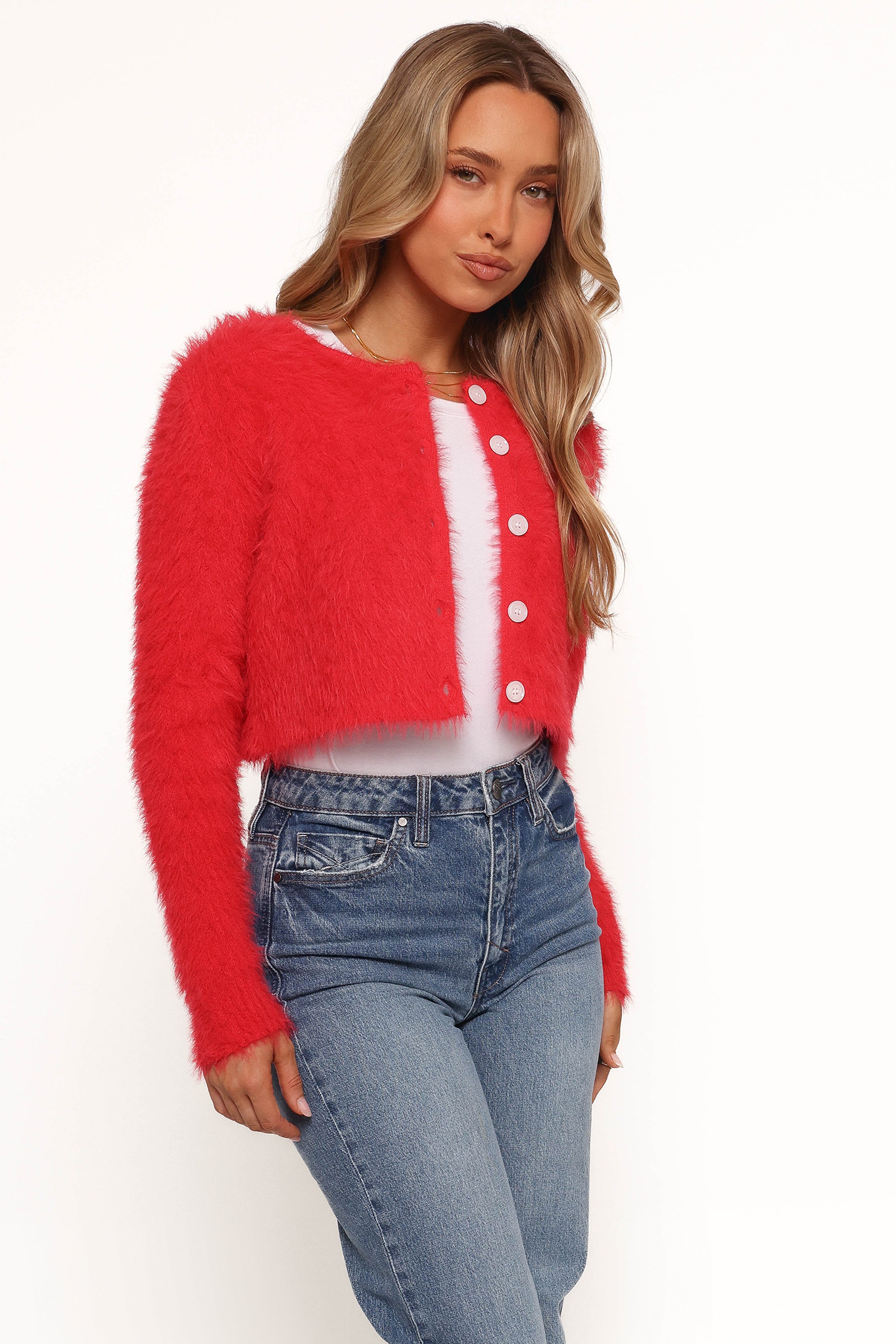 KNITWEAR Tavan Crop Button Front Cardigan - Red