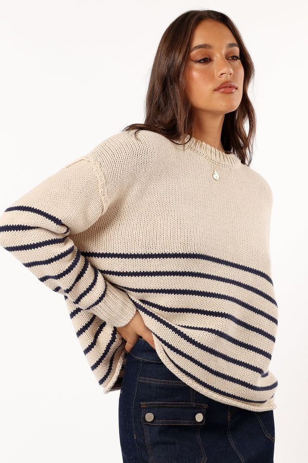 KNITWEAR @Tenzie Stripe Knit Sweater - Natural Navy