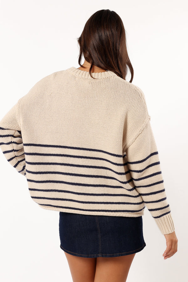 KNITWEAR @Tenzie Stripe Knit Sweater - Natural Navy