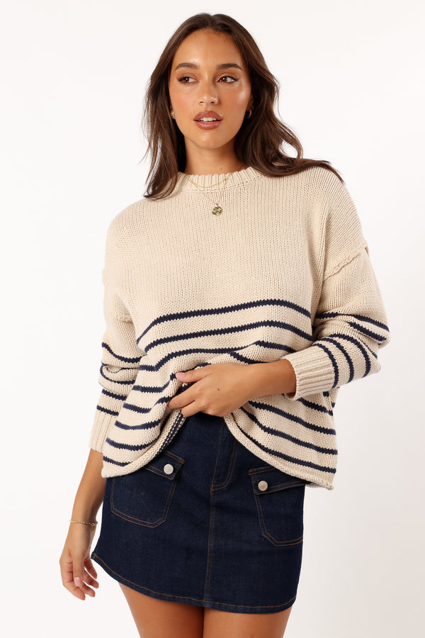 KNITWEAR @Tenzie Stripe Knit Sweater - Natural Navy