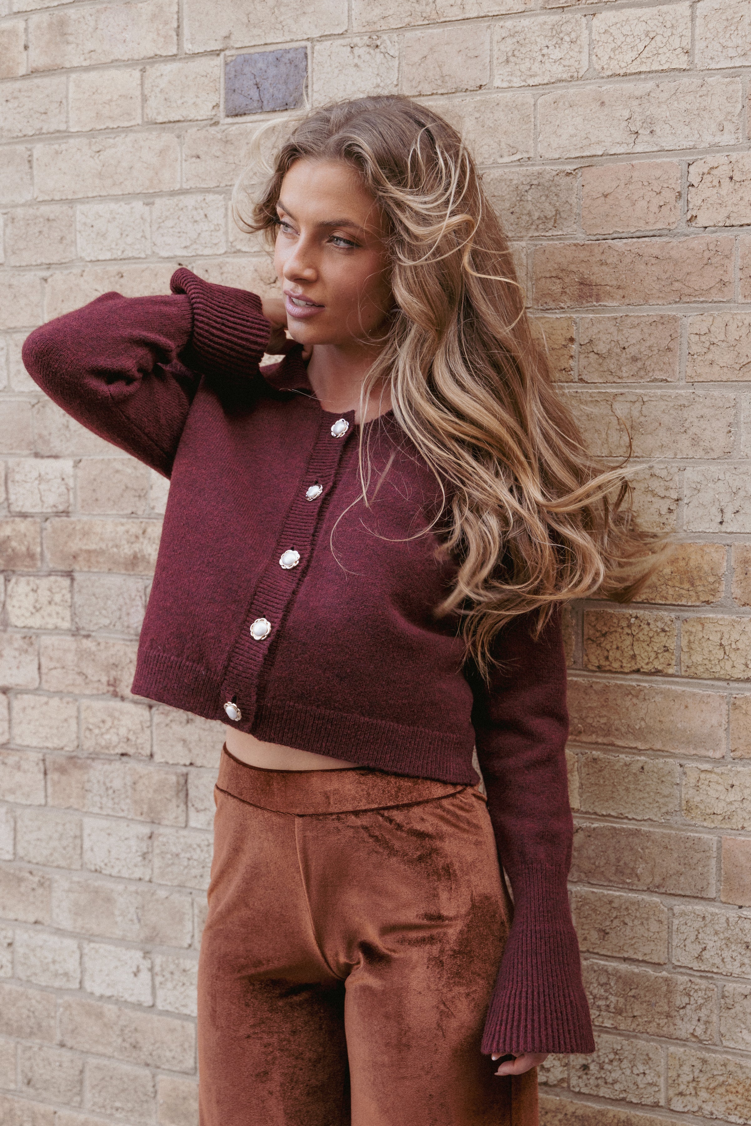 KNITWEAR Thelma Trumpet Sleeve Cardigan - Cabernet