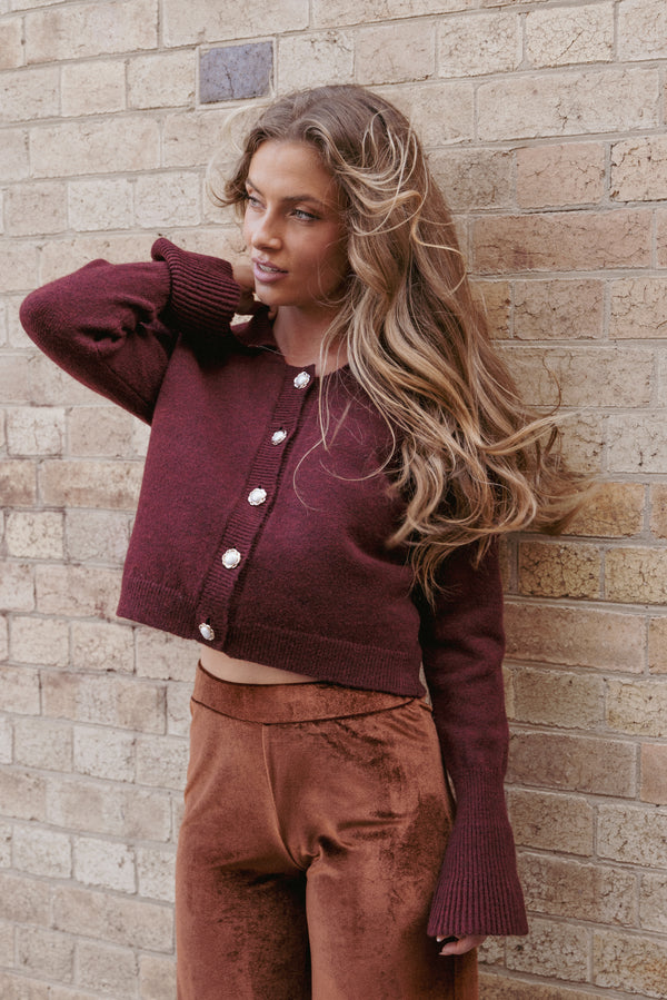 KNITWEAR Thelma Trumpet Sleeve Cardigan - Cabernet
